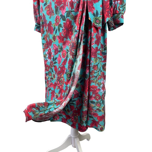 Talbots Midi Dress 14 Floral Jewel Tone Teal Red Faux Wrap Side Tie Long Sleeve - Picture 8 of 16